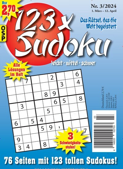 Titelbild der Ausgabe 3/2024 von 123 x Sudoku. Diese Zeitschrift und viele weitere Groschenromane und Rätselhefte als Abo oder epaper bei United Kiosk online kaufen.