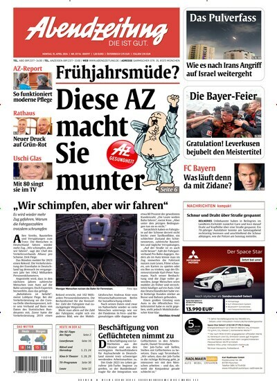 Titelbild der Ausgabe 87/2024 von Abendzeitung München. Diese Zeitschrift und viele weitere Zeitungsabos als Abo oder epaper bei United Kiosk online kaufen.