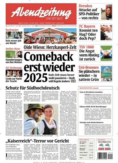 Titelbild der Ausgabe 105/2024 von Abendzeitung München. Diese Zeitschrift und viele weitere Zeitungsabos als Abo oder epaper bei United Kiosk online kaufen.
