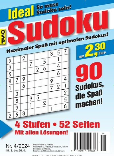 Titelbild der Ausgabe 4/2024 von Ideal Sudoku. Diese Zeitschrift und viele weitere Groschenromane und Rätselhefte als Abo oder epaper bei United Kiosk online kaufen.