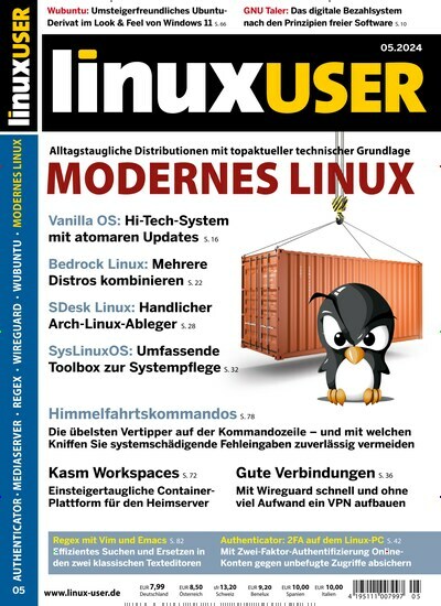 Titelbild der Ausgabe 5/2024 von LinuxUser mit DVD. Diese Zeitschrift und viele weitere Computerzeitschriften, Tabletmagazine und Smartphonemagazine als Abo oder epaper bei United Kiosk online kaufen.