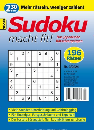 Titelbild der Ausgabe 3/2024 von Sudoku macht fit. Diese Zeitschrift und viele weitere Groschenromane und Rätselhefte als Abo oder epaper bei United Kiosk online kaufen.
