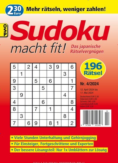 Titelbild der Ausgabe 4/2024 von Sudoku macht fit. Diese Zeitschrift und viele weitere Groschenromane und Rätselhefte als Abo oder epaper bei United Kiosk online kaufen.