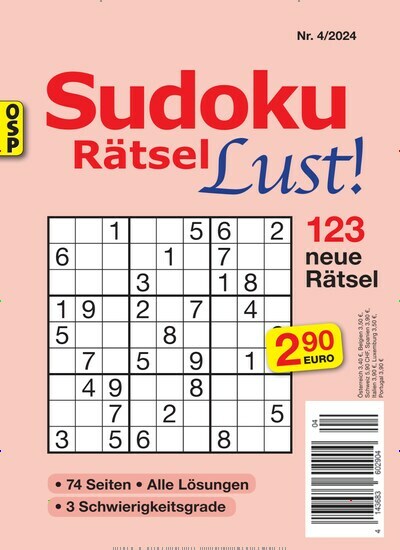 Titelbild der Ausgabe 4/2024 von Sudoku Rätsel Lust. Diese Zeitschrift und viele weitere Groschenromane und Rätselhefte als Abo oder epaper bei United Kiosk online kaufen.