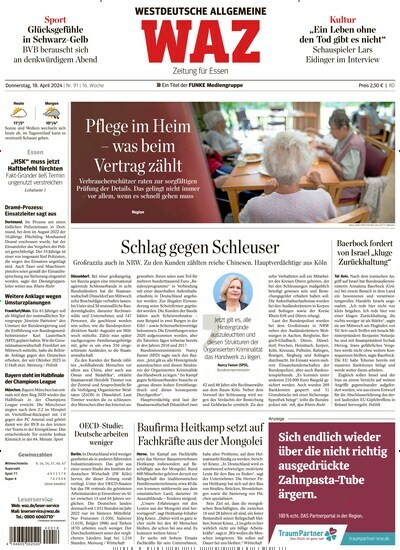 Titelbild der Ausgabe 93/2024 von WAZ Westdeutsche Allgemeine Zeitung. Diese Zeitschrift und viele weitere Zeitungsabos als Abo oder epaper bei United Kiosk online kaufen.