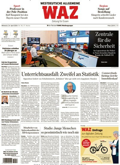 Titelbild der Ausgabe 98/2024 von WAZ Westdeutsche Allgemeine Zeitung. Diese Zeitschrift und viele weitere Zeitungsabos als Abo oder epaper bei United Kiosk online kaufen.