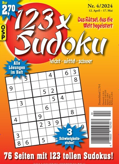 Titelbild der Ausgabe 4/2024 von 123 x Sudoku. Diese Zeitschrift und viele weitere Groschenromane und Rätselhefte als Abo oder epaper bei United Kiosk online kaufen.