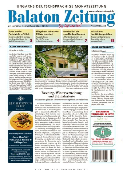 Titelbild der Ausgabe 2/2024 von Balaton Zeitung. Diese Zeitschrift und viele weitere Zeitungsabos als Abo oder epaper bei United Kiosk online kaufen.