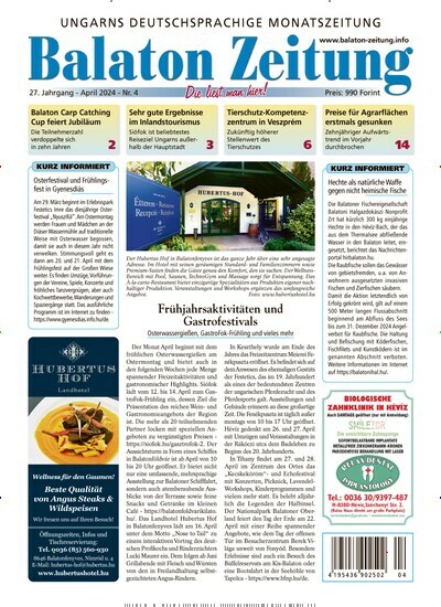 Titelbild der Ausgabe 4/2024 von Balaton Zeitung. Diese Zeitschrift und viele weitere Zeitungsabos als Abo oder epaper bei United Kiosk online kaufen.