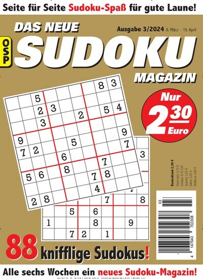 Titelbild der Ausgabe 3/2024 von Das neue Sudoku Magazin. Diese Zeitschrift und viele weitere Groschenromane und Rätselhefte als Abo oder epaper bei United Kiosk online kaufen.