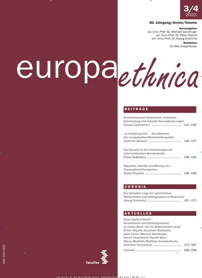 Titelbild der Ausgabe 4/2023 von europa ethnica. Diese Zeitschrift und viele weitere Zeitschriften für Pädagogik als Abo oder epaper bei United Kiosk online kaufen.