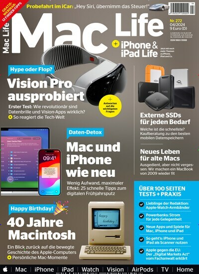 Titelbild der Ausgabe 4/2024 von Mac Life. Diese Zeitschrift und viele weitere Computerzeitschriften, Tabletmagazine und Smartphonemagazine als Abo oder epaper bei United Kiosk online kaufen.