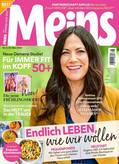 Titelbild der Ausgabe 8/2024 von Meins. Diese Zeitschrift und viele weitere Frauenzeitschriften als Abo oder epaper bei United Kiosk online kaufen.
