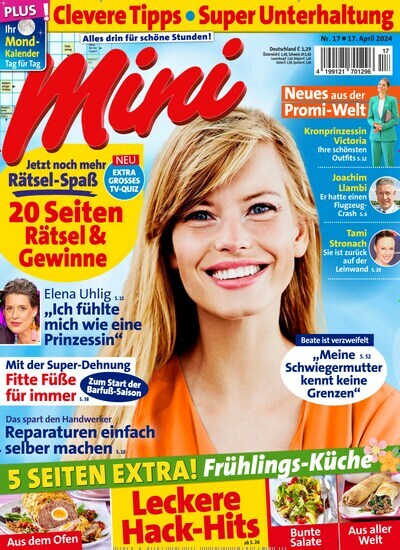 Titelbild der Ausgabe 17/2024 von Mini. Diese Zeitschrift und viele weitere Frauenzeitschriften als Abo oder epaper bei United Kiosk online kaufen.