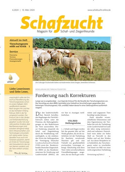Titelbild der Ausgabe 6/2024 von Schafzucht. Diese Zeitschrift und viele weitere Naturzeitschriften, Landwirtschaftszeitungen und Umweltmagazine als Abo oder epaper bei United Kiosk online kaufen.