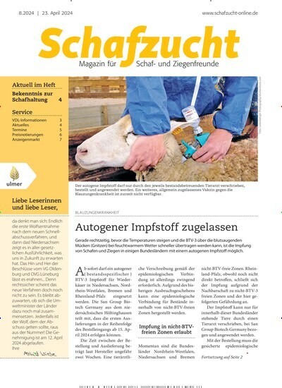 Titelbild der Ausgabe 8/2024 von Schafzucht. Diese Zeitschrift und viele weitere Naturzeitschriften, Landwirtschaftszeitungen und Umweltmagazine als Abo oder epaper bei United Kiosk online kaufen.