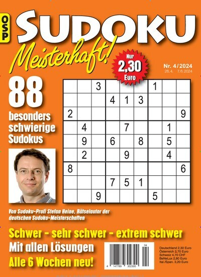 Titelbild der Ausgabe 4/2024 von Sudoku Meisterhaft. Diese Zeitschrift und viele weitere Groschenromane und Rätselhefte als Abo oder epaper bei United Kiosk online kaufen.