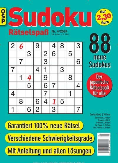 Titelbild der Ausgabe 4/2024 von Sudoku Rätselspaß. Diese Zeitschrift und viele weitere Groschenromane und Rätselhefte als Abo oder epaper bei United Kiosk online kaufen.