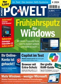 Titelbild der Ausgabe 4/2024 von PC Welt. Diese Zeitschrift und viele weitere Computerzeitschriften, Tabletmagazine und Smartphonemagazine als Abo oder epaper bei United Kiosk online kaufen.